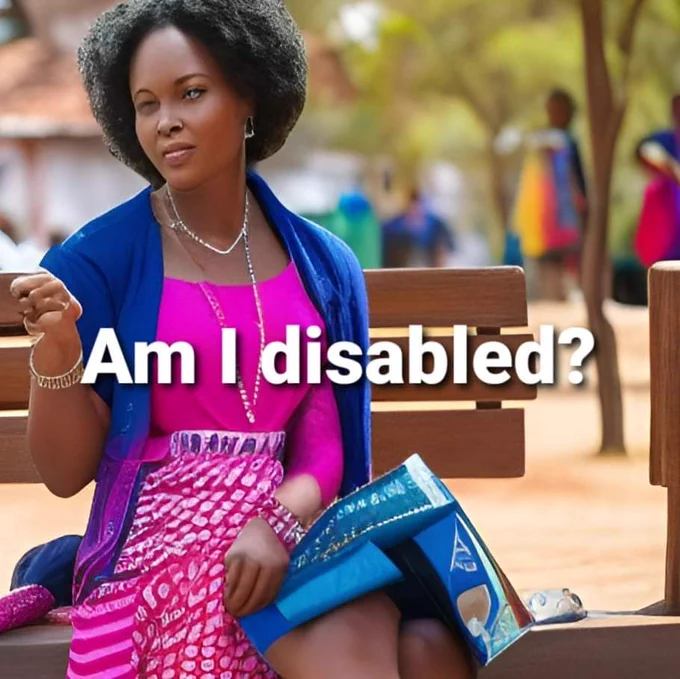 Attractive young Black woman sitting on bench. Something about her eyes and fingers doesn't look normal. The words am I disabled appear on the picture. Other people and trees are blurred in the distance. 
