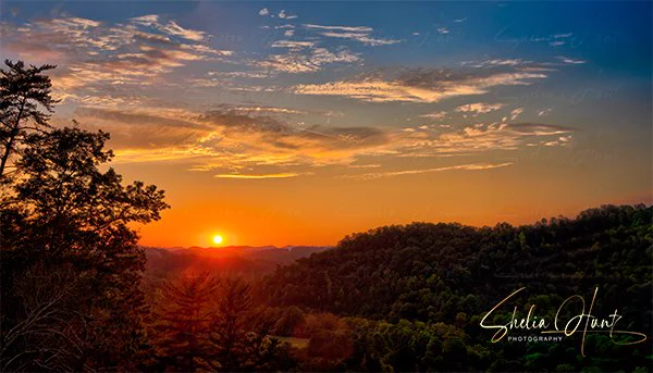 Panoramic view of a glorious sunset over the Appalachian Mountains of Northeast Tennessee in summer.  Mountains are a beautiful silhouette against the golden sunset glowing into the valley. This artwork is from the Fine Art Gallery of Shelia Hunt.