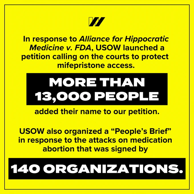 Sixth slide has a neon yellow background with a black outline. Black text that says, “In response to Alliance for Hippocratic Medicine v. FDA, USOW launched a petition calling on the courts to protect mifepristone access.” In a black text box, bold white text says, “More than 13,000 people.” Below black text says, “added their name to our petition. USOW also organized a “People’s Brief” in response to the attacks on medication abortion that was signed by.” Below in a black text box, bold white text says, “140 organizations.” 