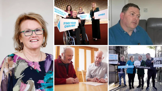 Collage of five images covering the work of Acquired Brain Injury Ireland fearing CEO Barbara O'Connell, brain injury survivors and some of the ABII team at work. 