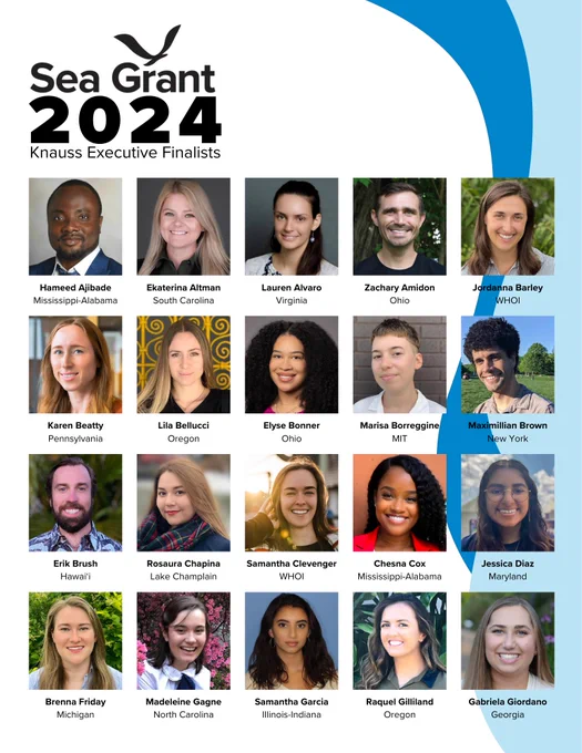 List of 2024 Sea Grant Knauss Fellowship Finalists with photos, names and Sea Grant programs