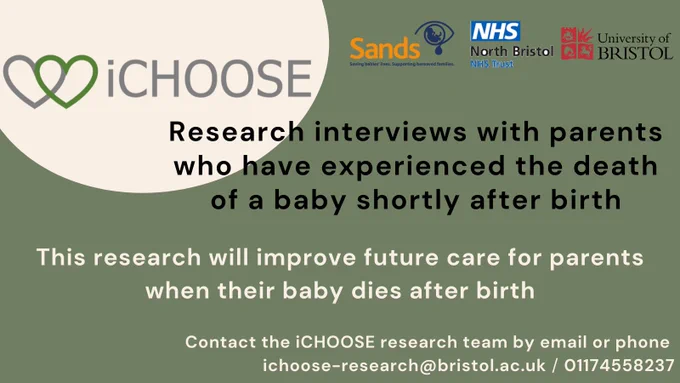 Image with text "IChoose Research interviews with parents who have experienced the death of a baby shortly after birth"