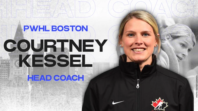 Graphic announcing Courtney Kessel as Head Coach of PWHL Boston. Across the top: “PWHL Boston | Courtney Kessel | Head Coach.” There is a photo of her wearing a black zip-up, smiling at the camera. 