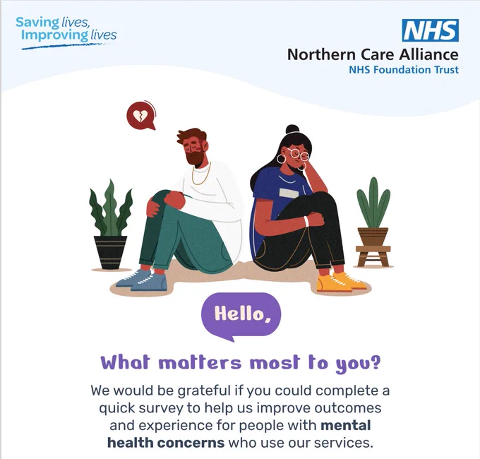 Cartoon male and female, caption: hello, what matters most to you, we would be grateful if you could complete a quick survey to help us improve outcomes and experience for people with mental health concerns who use our services.