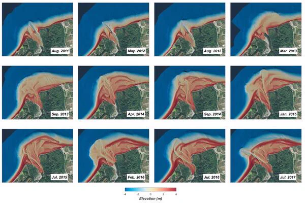 Evolution of the shoreline around the Elwha River mouth, Washington, before, during and after dam removal, 2011–2017. Two large dams were removed from the Elwha River between 2011 and 2014 in the largest dam removal worldwide thus far, releasing more than 20 million tons of sediment downstream. These images show the effects of new sediment depositing around the river mouth and being reworked by waves and currents. The Elwha River and other recent dam-removal sites are generating new understanding of ways in which river and coastal systems respond to human activity. Image from Warrick and others, 2019, Scientific Reports.