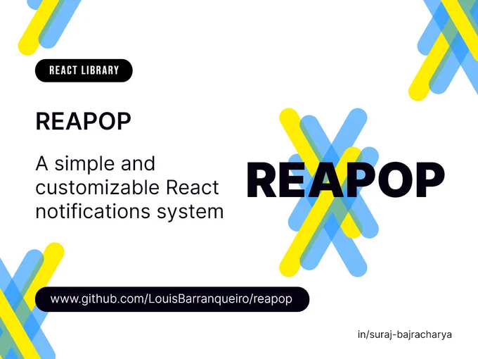 REAPOP
A simple and customizable React notifications system
 #react #reactjs #reactlibrary #library #ui #uiux #uidesign #uidesigner #uiuxdesign #reapop 