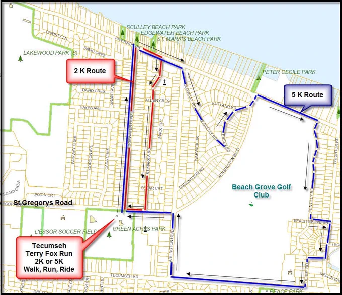 map of the terry fox run in Tecumseh around Beach Grove.