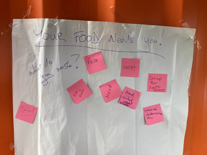 Our food waste wall. Post it notes say salad, milk, rice, bread