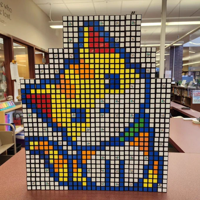 Cat made out of Rubik's Cubes in my middle school library!