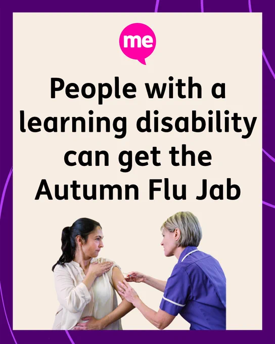 Graphic with a photo of a woman receiving an injection in her arm from a nurse in a blue uniform. Black text on a cream background above reads "People with a learning disability can get the Autumn Flu Jab"