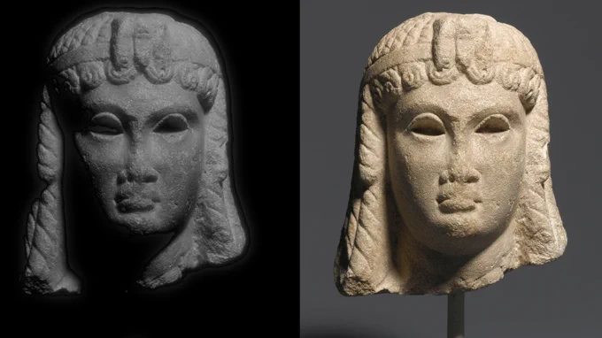 Two views of the head of a stone sculpture of Cleopatra, side by side