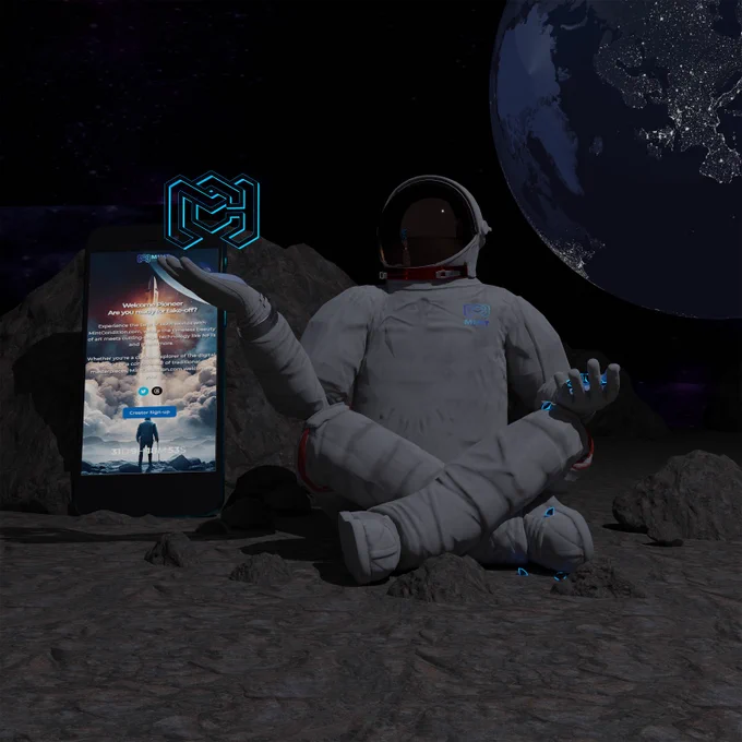 An astronaught sat on the surface of the moon with their legs crossed, they are holding a mint Condition glowing logo in one hand and 8 glowing diamonds in the other, with some falling to the ground.

In the background there is a mobile phone with a screenshot showing the webpage.