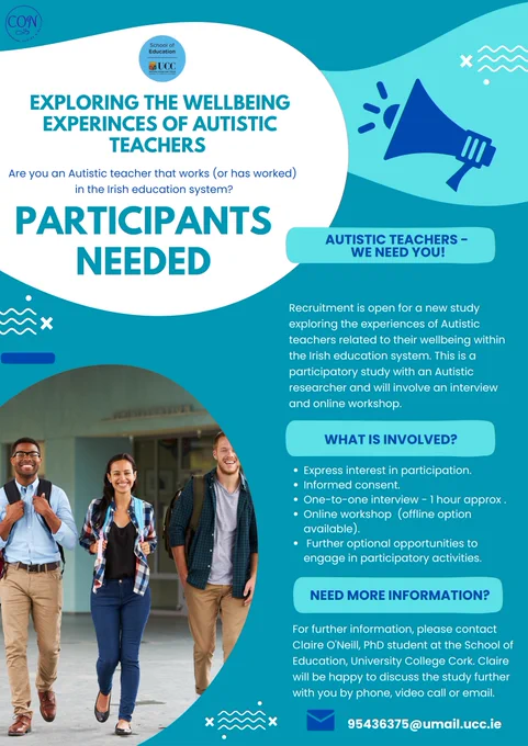 Green recruitment poster for my PhD study. In this study I am exploring the wellbeing experiences of Autistic teachers who teach / have taught in the Irish education system are welcome to apply.  Please PM me here @claruineil or email me at 943635@umail.ucc.ie for more information.  Thank you!