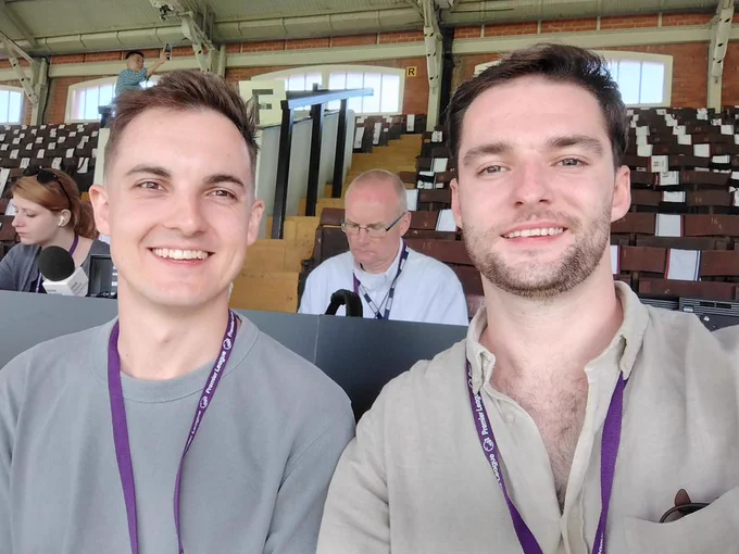 Jake and Sam (Left to Right) in the press section pre match before Fulham Vs Luton 