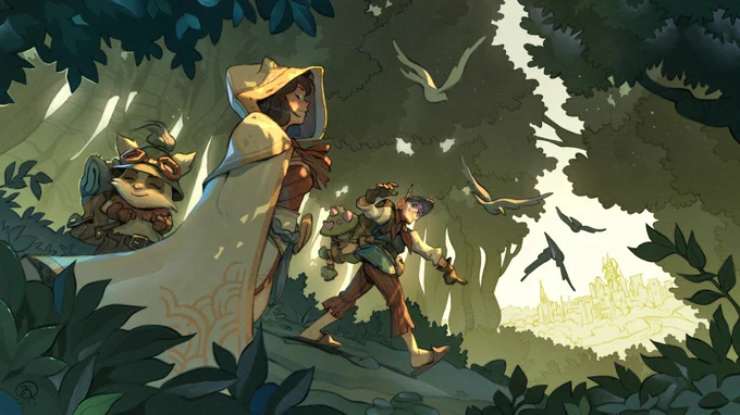 Teemo, Ahri und der Puffcap Peddler reisen durch den Wald auf dem Weg zu ihrem neuen Zuhause. Vögel fliegen über uns hinweg. Die Illustrationen sind im digitalen Aquarellstil gezeichnet und haben eine warme grüne Atmosphäre.