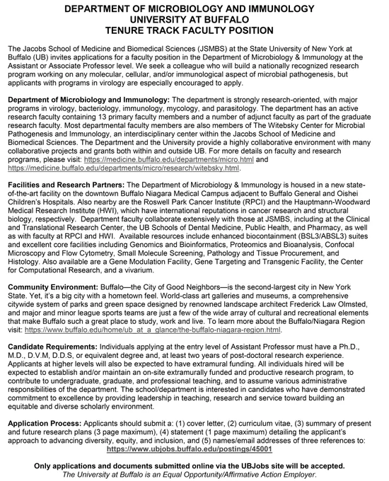 Job posting details for UB Micro and Immuno. https://www.ubjobs.buffalo.edu/postings/45001 