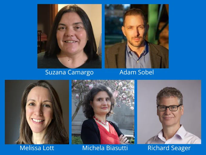 Photos of five Columbia climate researchers honored by leading scientific organizations: Suzana Camargo, Adam Sobel, Melissa Lott, Michela Biasutti, Richard Seager.
