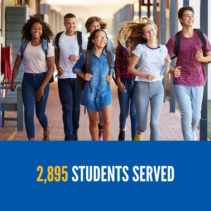 Text reading "2,895 students served" and photo of high school students in hallway