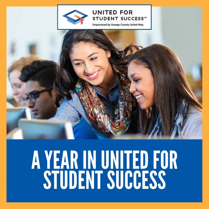 Text reading "A Year in United for Student Success" and photo of students on computers