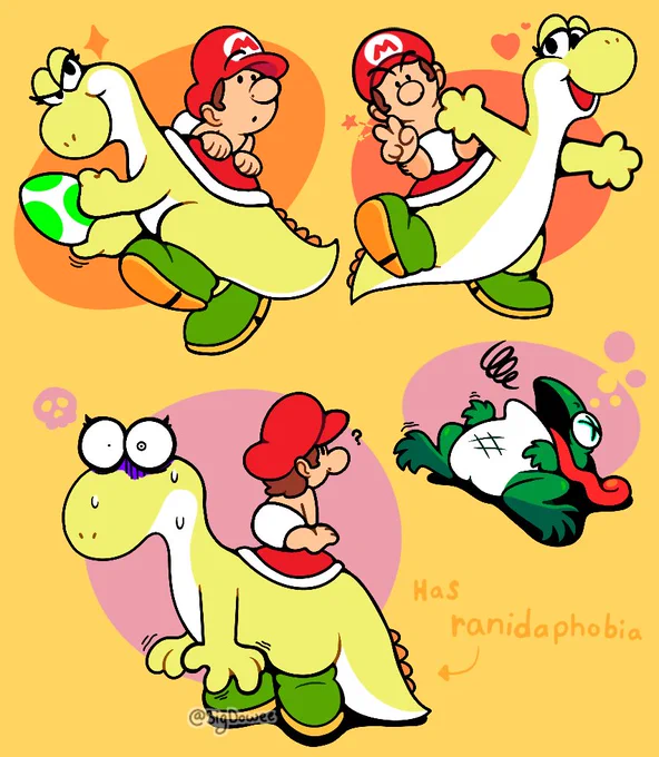So you know that yellow Yoshi that always fights off the fortress bosses in the Yoshi’s Island games? I like think that Yoshi’s mom (who I’ve decided to name her as Daffodil) was one of the eight (or ten since Yoshi’s Island DS has the black Yoshi and the white Yoshi completing the two extra/secret levels) Yoshis who worked together to help Baby Mario and the other babies return to their parents. 

I imagine Daffodil to be very sweet and motherly but also isn’t afraid to throw hands if she has to. Because of how protective she is, Daffodil refuses to let Baby Mario be in any harm’s ways which is why she so insistent on defeating a fortress boss in each world (Yobby takes on most of the castle bosses). However, that would also mean that she has to suffer dealing with Prince Froggy and that whole… yeah. She kind of have a fear for frogs now lol

Also, that red shell/saddle she’s wearing here? She gave that to Yoshi once he had gotten older and has been wearing it ever since! <3