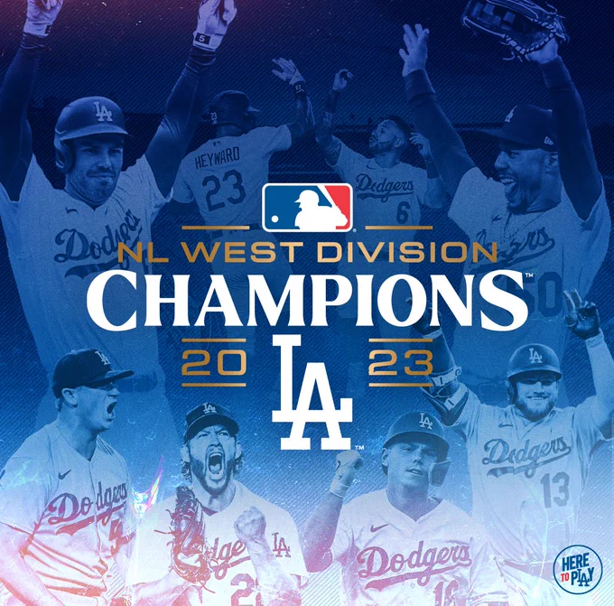 A graphic with the NL West Division Champions logo in the center and cutouts of Freddie Freeman, Jason Heyward, David Peralta, Mookie Betts, Evan Phillips, Clayton Kershaw, Will Smith and Max Muncy in the background.