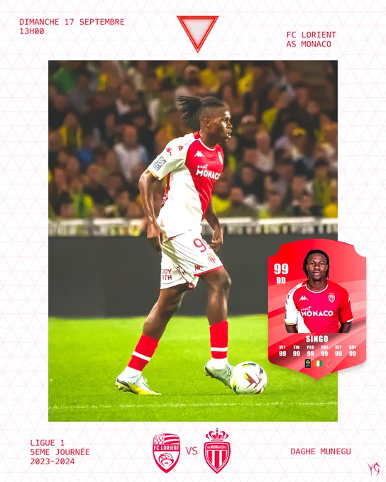 Visuel promotionnel de football pour illustrer le match de ligue 1 entre le FC Lorient et l'AS Monaco dans le style des visuels d'EAFC24