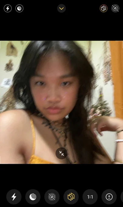 a blurry screenshot photo from the camera app of anata laylay posing in front of a dried flower wall