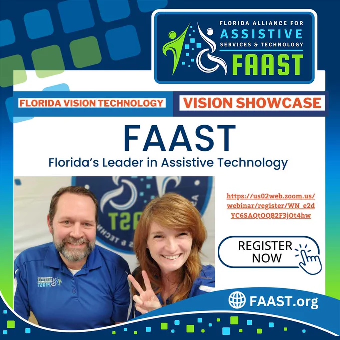 Join FAAST on 9/23 at 10 am at the Vision Technology zoom webinar for individuals with low vision and blindness. Visit https://us02web.zoom.us/webinar/register/WN_e2dYC6SAQtOQB2F3jOt4hw#/registration to register.