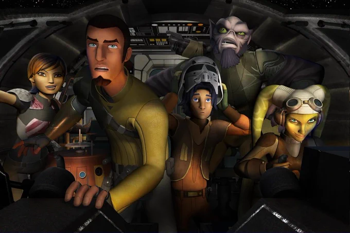 The main cast of Star Wars REbels: Sabine Wren, Kanan Jarrus, Ezra Bridger, Zeb Orrelios and Hera Syndulla.
