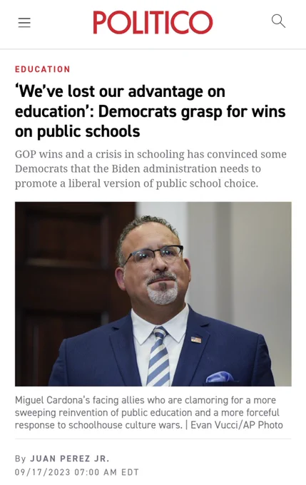 Político article by Juan Perez Jr. Headline: ‘We’ve lost our advantage on education’: Democrats grasp for wins on public schools