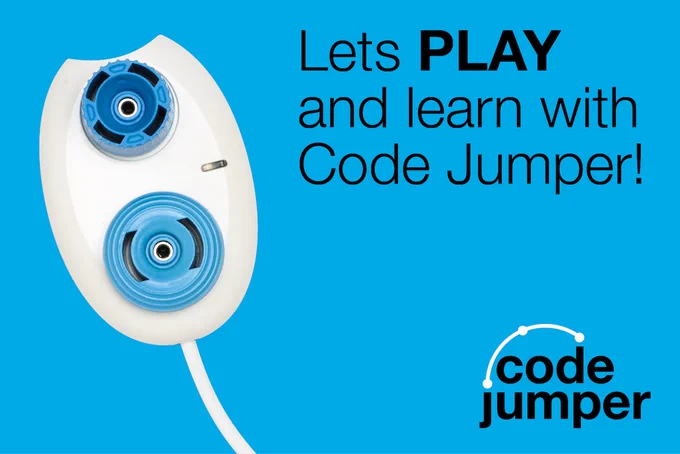 A white Play pod on a blue background. Two blue dials, each with a different texture, are on the top  of the pod, and a white wire comes out the end of the pod. Text: "Lets PLAY and learn with Code Jumper!" Code Jumper logo.