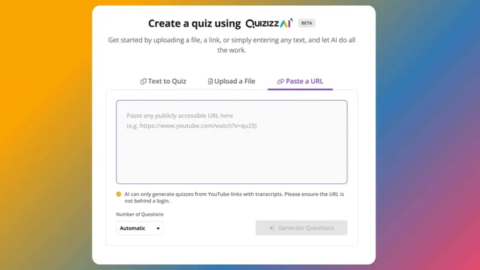 Screenshot of creating a quiz using Quizizz AI. 