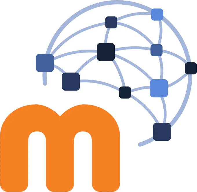 Logo "Moodle an Hochschulen e.V.": orange m and a circle with connected dots
