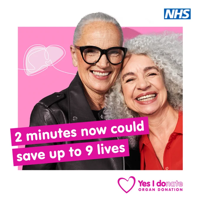 Two women smile looking at the camera, one of them is wearing glasses. The text reads: 2 minutes now could save up to 9 lives. 