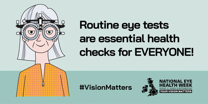 Cartoon illustration of a woman wearing trial lenses. The back ground is a light blue. Next to her are the words Routine eye tests are essential health checks for everyone!. A darker blue strip along the bottom of the graphic contains a black National Eye Health Week logo and the hashtag #VisionMatters.