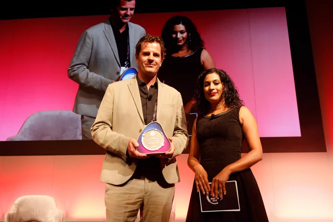 Picture of Martin Österdahl collecting the IBC Changemaker Award in Amsterdam on Sunday 17 September