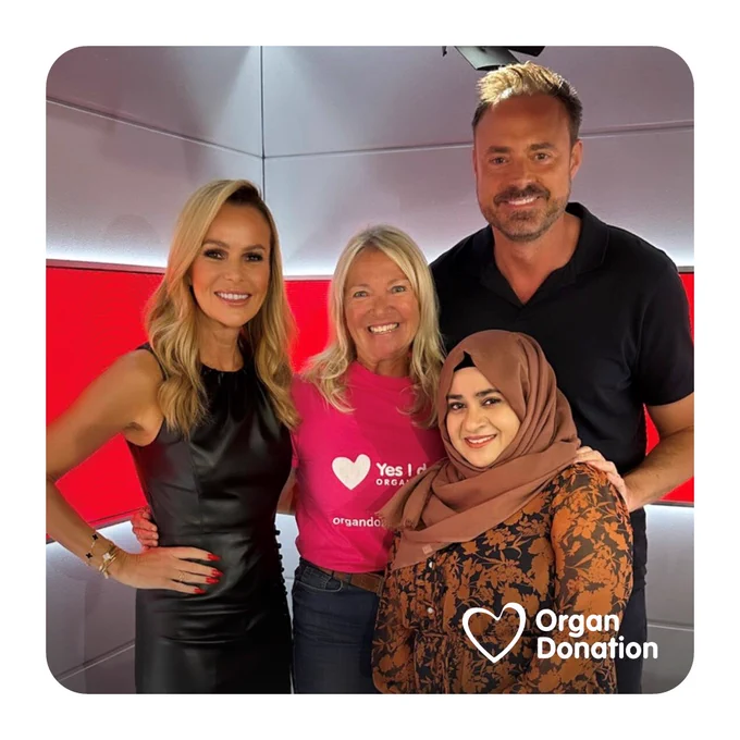 A group photo in the Heart radio studio. From left to right: presenter Amanda Holden; Lisa, Tom's mum; Lubna, Fatima's mum; and presenter Jamie Theakston.