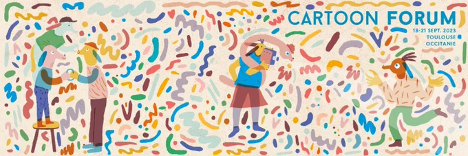 CARTOON Forum's official header image has a background of colourful squiggles with 4 animated hybrid animal-human characters underneath the text which reads: CARTOON FORUM 18-21 Sep 2023, Toulouse Occitane. 