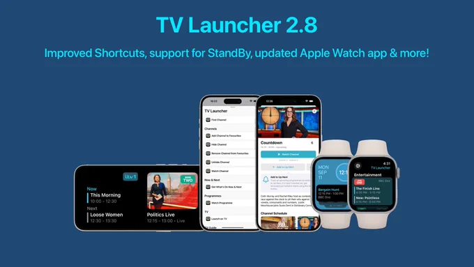 3 iPhone devices and 2 Apple Watch devices showing screenshots of TV Launcher