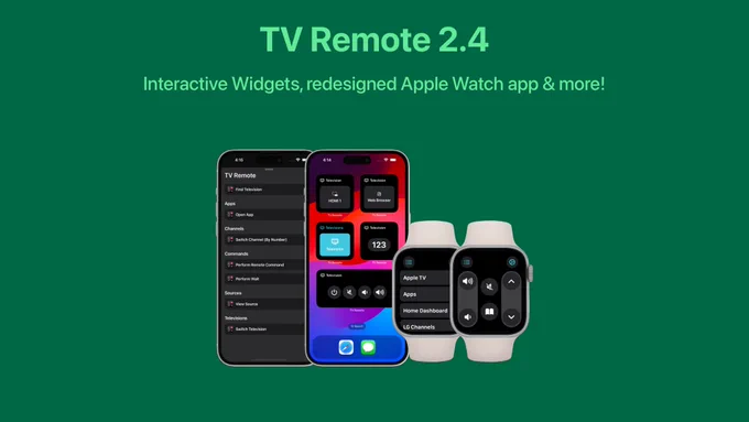 2 iPhone devices and 2 Apple Watch devices showing screenshots of TV Remote