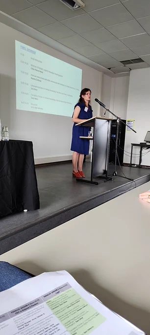 Sara standing at the front of the room speaking into the microphone 