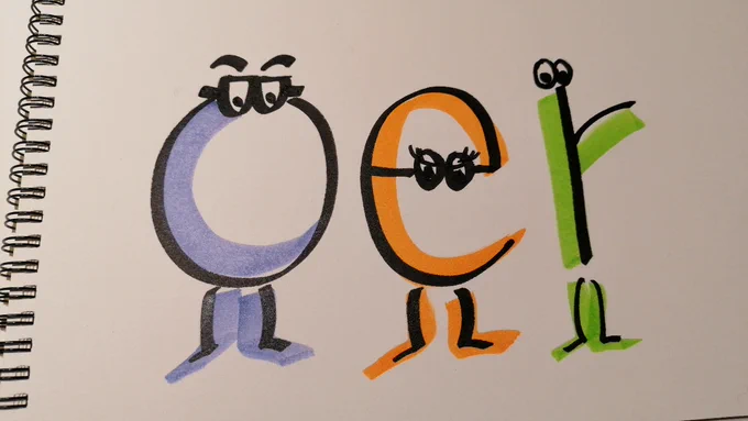 Zeichnung der Buchstaben O, e und r. Die Buchstaben sind jeweils als Figuren mit Augen gestaltet. 