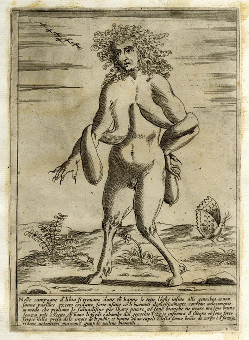Giovanni Battista de' Cavalieri 1585 depiction of "Monsters from all parts of the ancient and modern world", roughly corresponding to a depiction of Wewe Gombel, a spirit of the Indonesian folklore. This is a black and white print of Wewe Gombel. She is a naked woman, with cloven hoofs, who is wearing her boobs like a feather boa. Both breasts droop to the floor and she has wrapped them around her upper arms, like a fox stole. She has long, clawed nails, and wiry hair that is standing on end. She is outside somewhere. Considering what she’s gone through, she looks quite serene.