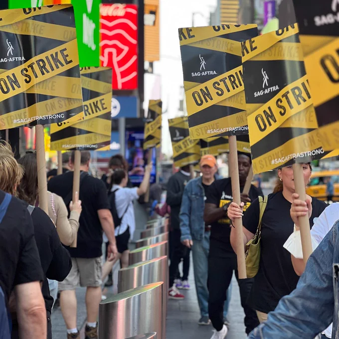 Many people carry SAG-AFTRA ON STRIKE signs on the picket line.