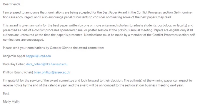 This is the award announcement from section leader Professor Molly Melin. All authors must have been untenured at the time of presentation. Send the paper to bappel@ucsd.edu, dara_cohen@hks.harvard.edu, and brian.phillips@essex.ac.uk by 30 October.