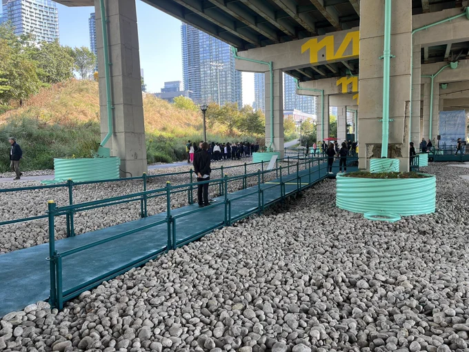 Staging grounds opening day looking down walkway