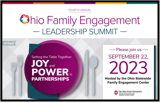 4th Annual Ohio family engagement leadership summit promo. Setting the table together: Joy and Power in Partnerships. Image of table setting with silverware, plate, and napkin. September 22, 2023. Virtual. Hosted by the Ohio Statewide Family Engagement Center. 