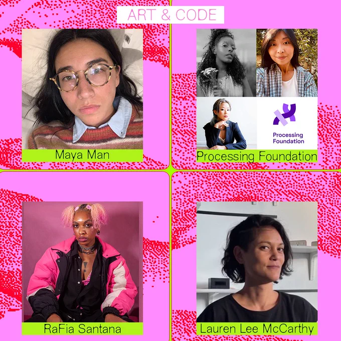 3 photos displaying the headshots and names of this year's Art & Code cohort. Each headshot is set against a pink and red speckled background, with the name of each member set against a lime green background. Each photo is divided into a 2x2 grid, sharing 4 members per photo. 