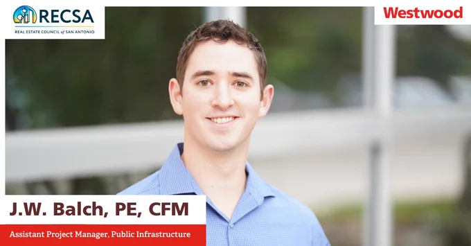 The image includes a portrait headshot of J.W. Balch, PE, CFM, the RESCA and Westwood logo, and J.W.'s title, Assistant Project Manager, Public Infrastructure. 