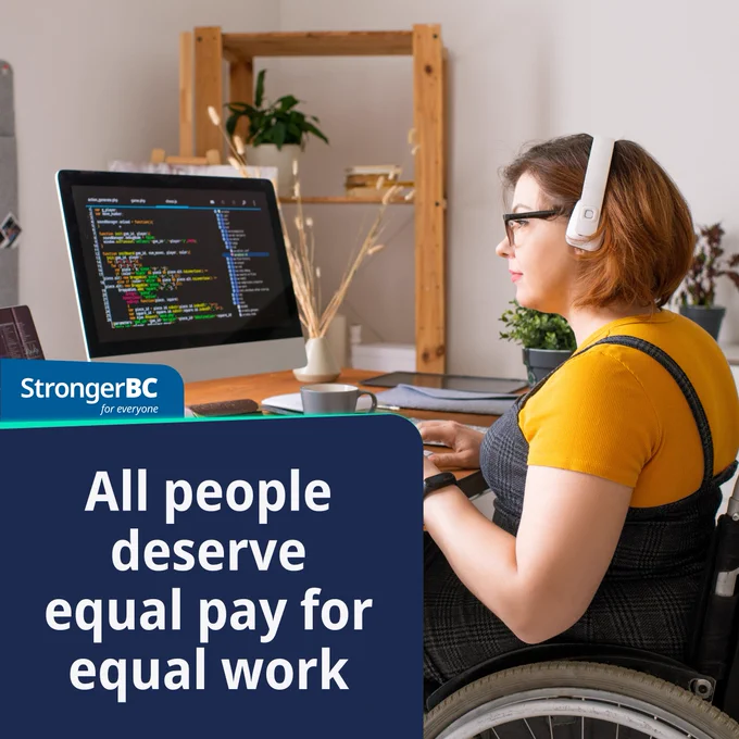 A woman in a wheelchair working at a desk. Text reads: All people deserve equal pay for equal work
